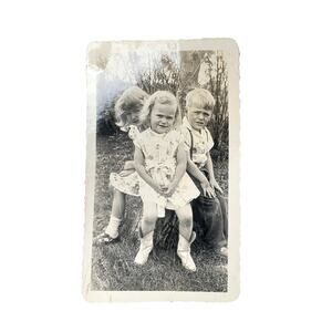Vtg Children on Tree Stump Monochrome Photography Found Snapshot Portrait